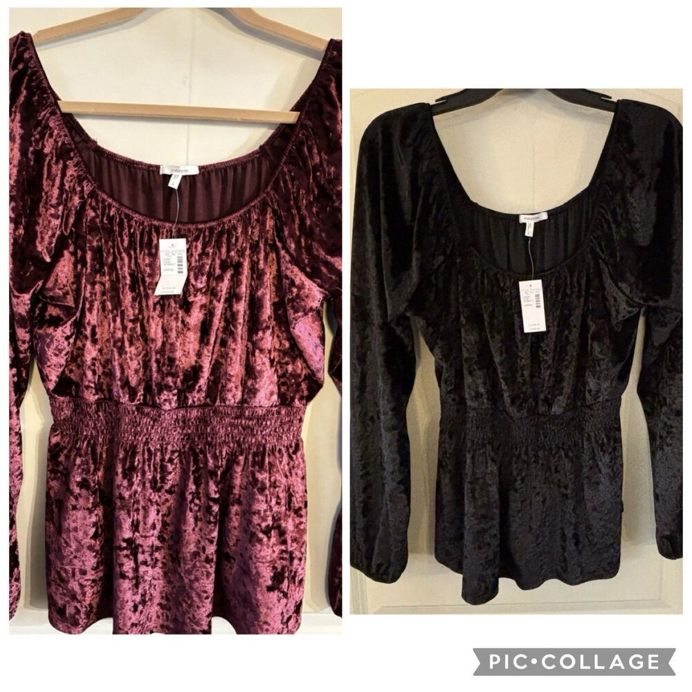 Lot 2 Women Top Large Black & Wine Crushed Velvet Y2K Whimsigoth Fairy Boho